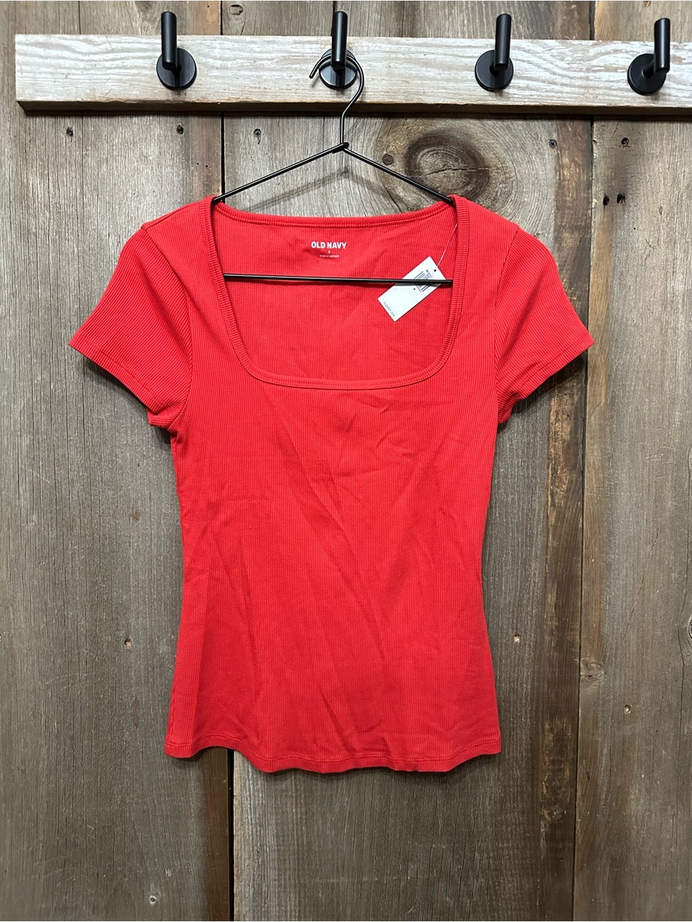 Old Navy Short Sleeve Square Neck Ribbed Top in Cherry Tomato Red Size Small